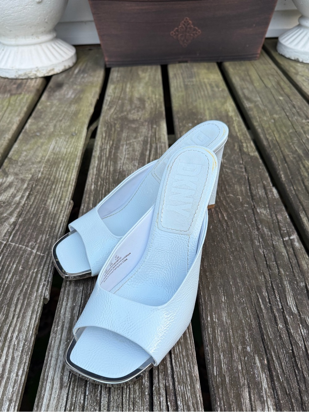 DKNY Light Blue Patent Open-Toe Block Heel Mules